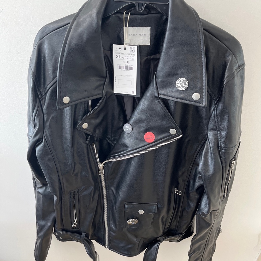 ZARA MAN FAUX LEATHER BIKER JACKET Size XL BLACK New with tags - Picture 1 of 9